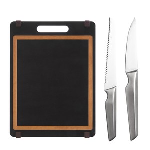 (組)高密度木溝槽止滑砧板(M)-黑+爵仕德國鋼麵包刀+水果刀