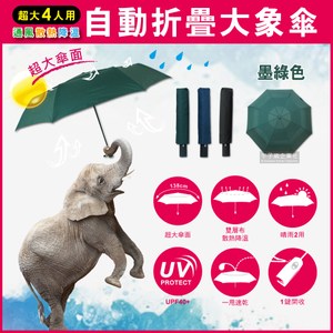 【生活良品】日系極簡4人用雙層風力散熱自動摺疊開收大象傘+贈同色傘套墨綠色