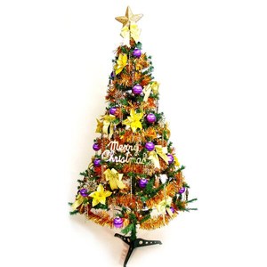 摩達客 超級幸福12尺一般型綠色聖誕樹+金紫色系配件組(不含燈)