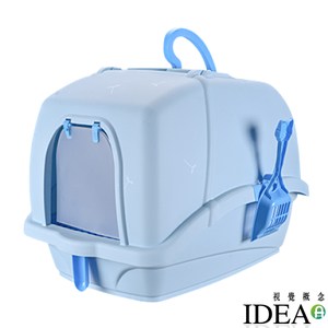 【IDEA】屋型全罩封閉式防滑大號貓砂盆/貓咪廁所(三色任選)粉藍色